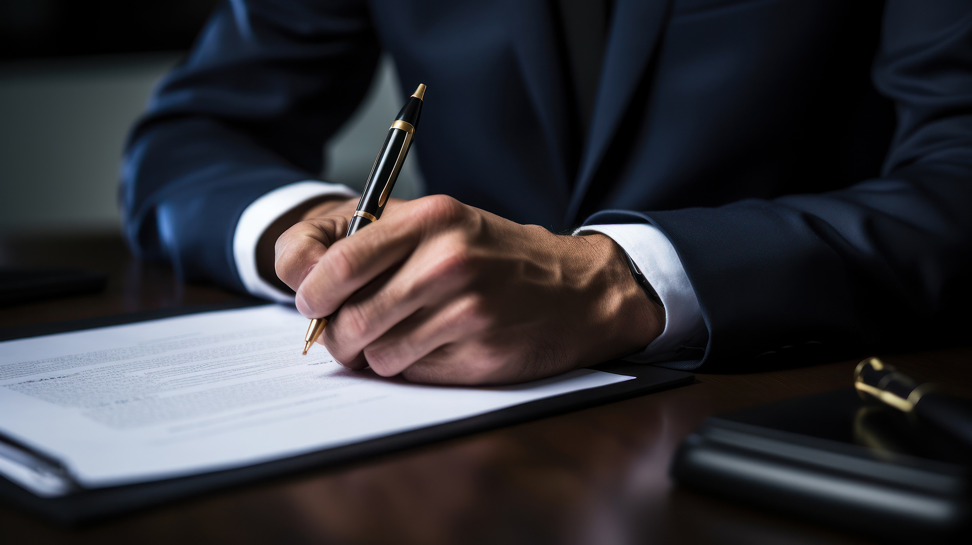 Lawyer scrutinizing and signing a document, panoramic banner wit
